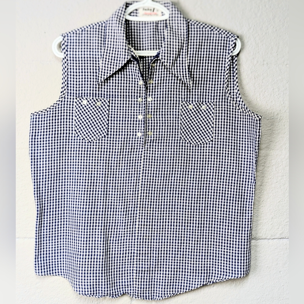 Vintage Gingham Sleeveless Blouse 1/4 Zip Pockets  Retro 50s Inspired Retro